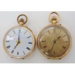 TWO VINTAGE FOB WATCHES an 18ct gold example with a gold coloured dial with floral engraving to