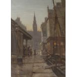 PATRICK DOWNIE RSW (SCOTTISH 1854-1945) EVENING, HARBOURSIDE Oil on board, signed, 35.5 x 25.5cm (14