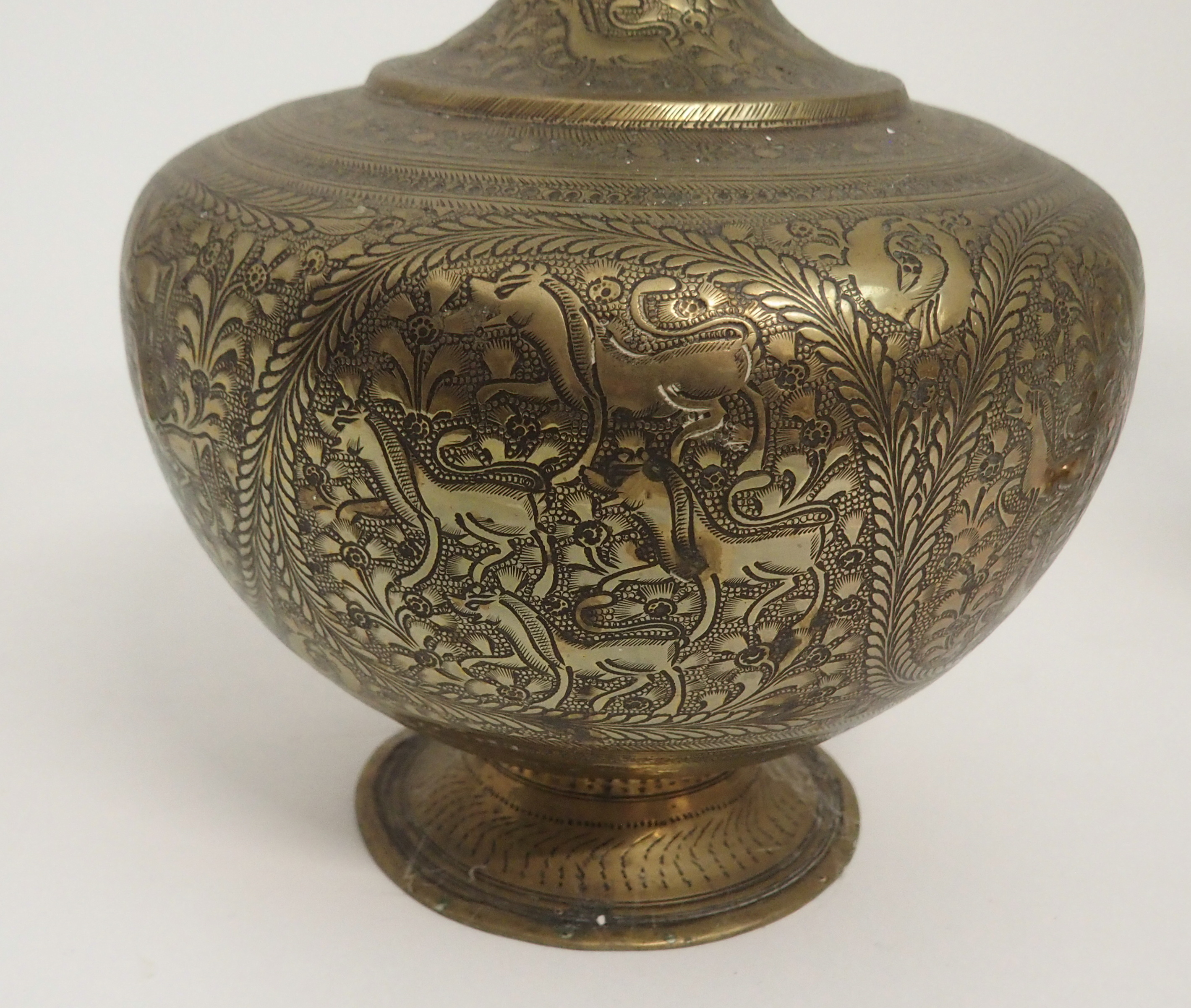 A PERSIAN BRASS VASE decorated with panels of animals, within foliate borders, 28cm high and a - Image 7 of 8