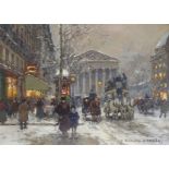 •EDOUARD CORTES (FRENCH 1882-1969) A BUSY STREET WITH HORSE AND CARRAIGES IN THE SNOW Oil on canvas,