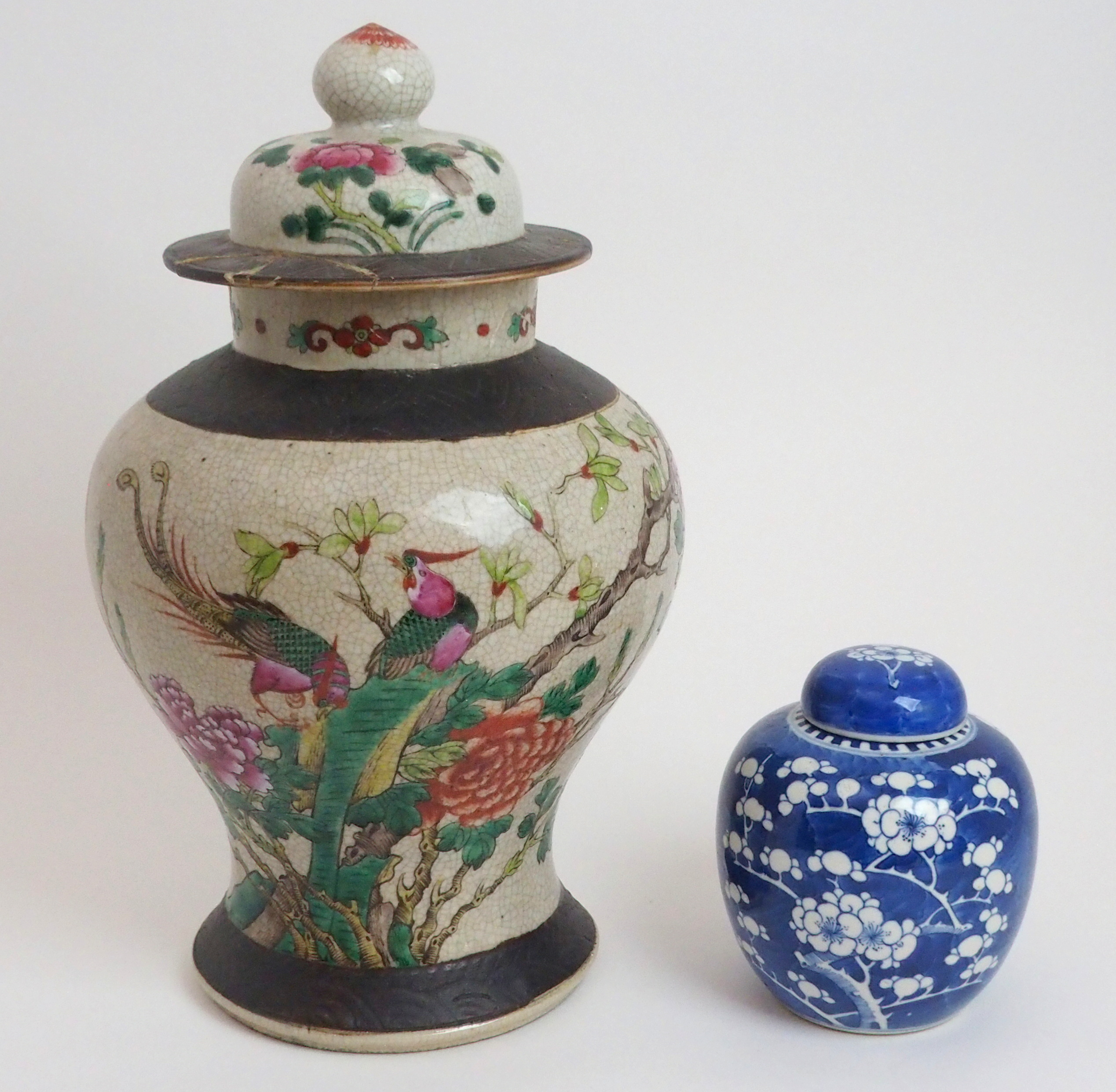 A CHINESE FAMILLE ROSE CRACKLEWARE JAR AND COVER painted with birds amongst foliage issuing from
