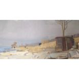 •DOROTHY STEEL (SCOTTISH 1927-2002) BEACH HUT Oil on canvas, signed verso, 38 x 76cm (15 x 30")