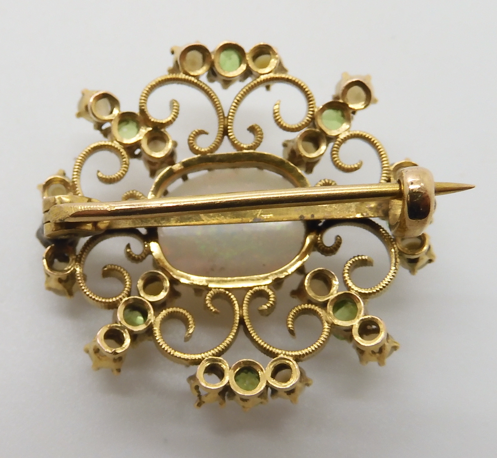 TWO VINTAGE BROOCHES a yellow metal filigree example set with a white opal, demantoid garnets and - Image 4 of 6