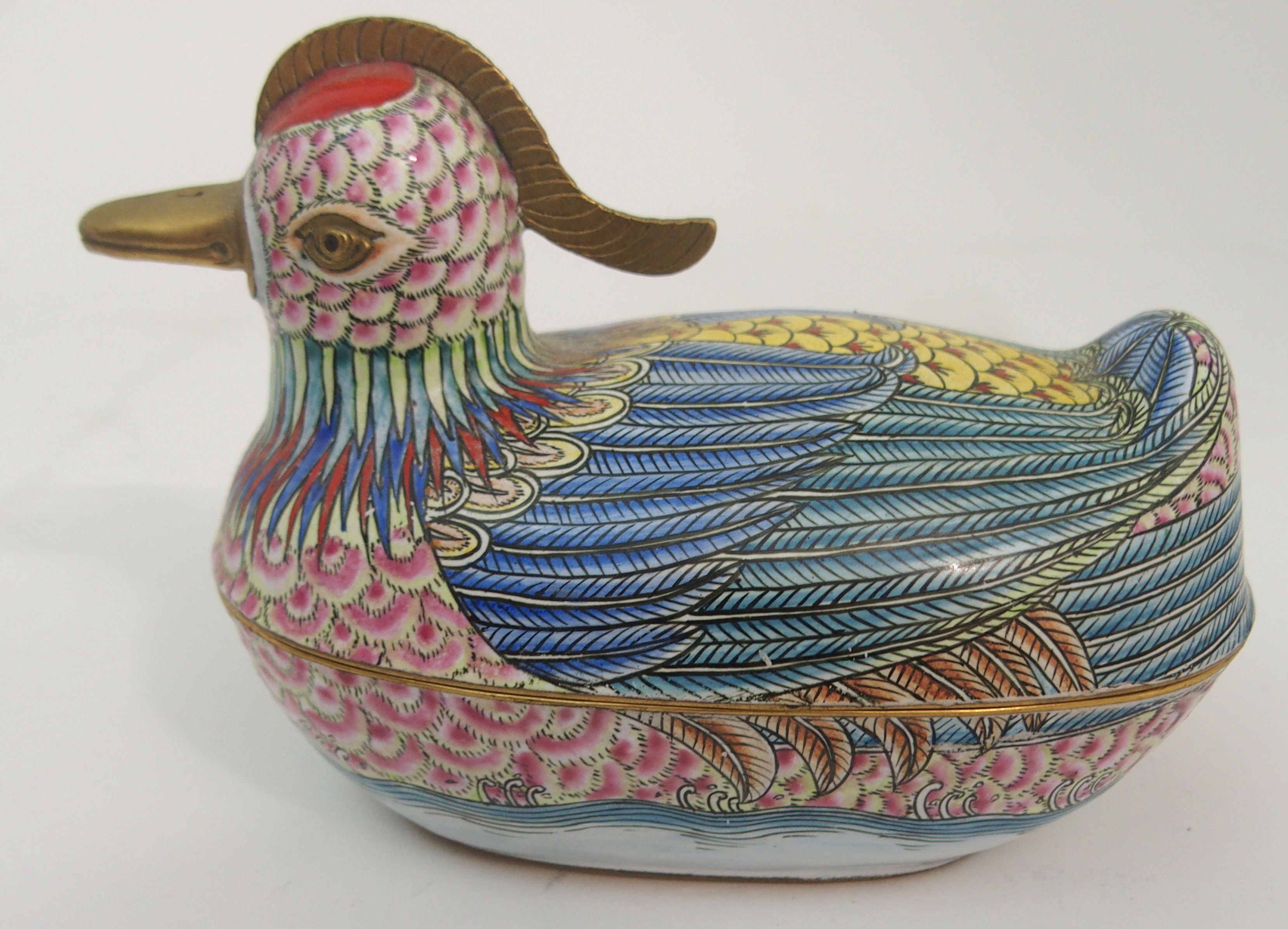 A PAIR OF CANTON ENAMEL MANDARIN DUCK TUREENS each painted with bright colours and with brass - Image 3 of 12