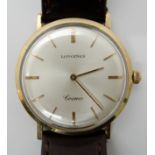 A GOLD PLATED GENTS LONGINES COSMO WRISTWATCH with white brushed textured dial with gold coloured