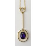 A 15CT GOLD AMETHYST AND PEARL EDWARDIAN PENDANT stamped 15ct to the pendant drop, length 4.8cm x