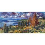 •JOHN CUNNINGHAM RGI (SCOTTISH 1926-1998) LOCH DUNVEGAN Oil on canvas, signed, 51 x 101.5cm (20 x