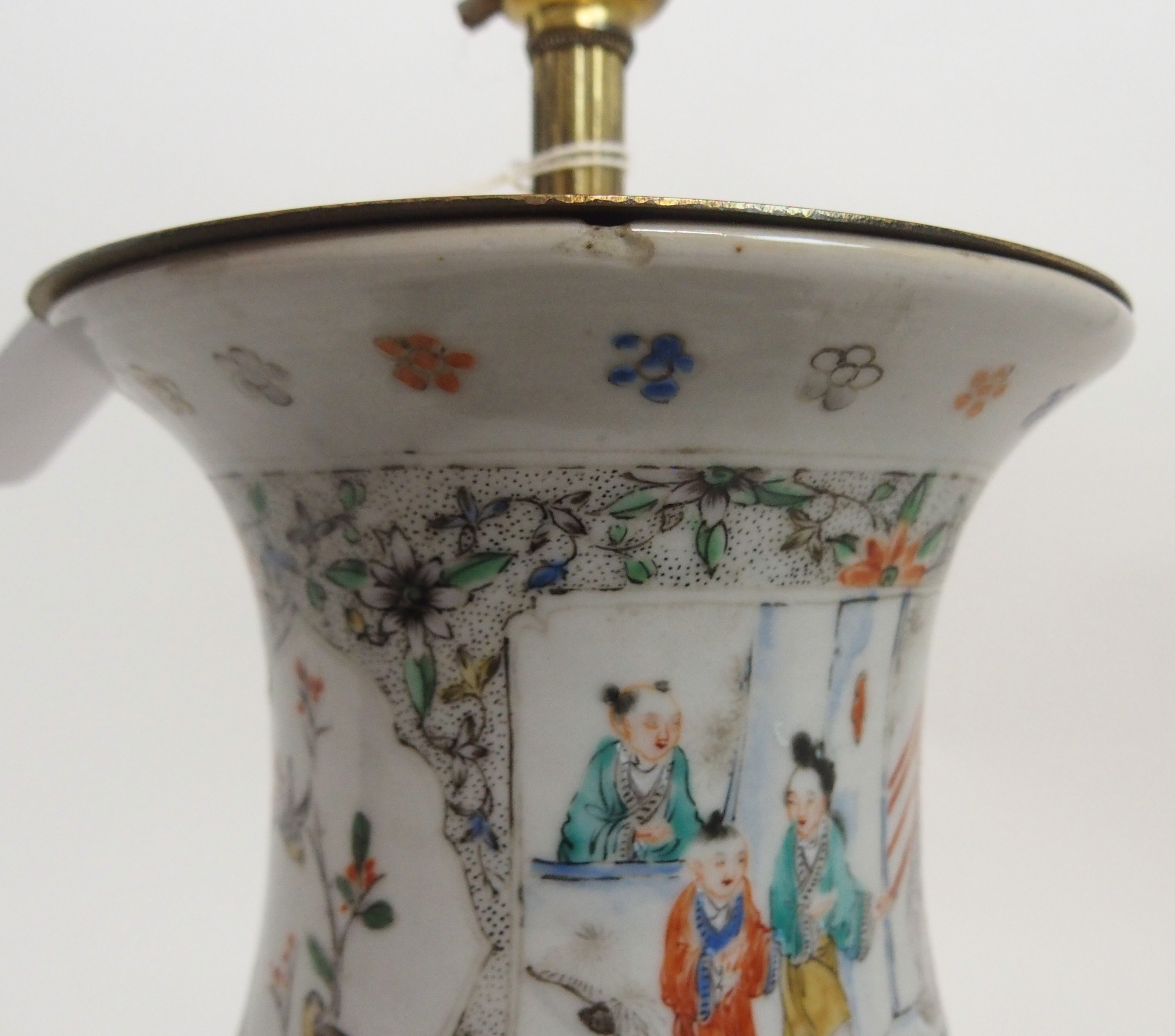 A CHINESE FAMILLE VERTE BALUSTER VASE painted with panels of courtiers in garden palaces within - Image 8 of 8
