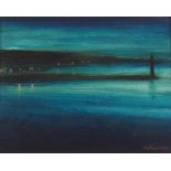 •NICHOL WHEATLEY (SCOTTISH CONTEMPORARY) LIGHTS IN THE BAY Oil on board, signed, 19 x 24cm (7 1/2