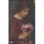 MANNER OF JOHN WILLIAM WATERHOUSE RA (BRITISH 1849-1917) GIRL HOLDING A BOUQUET Oil on canvas laid
