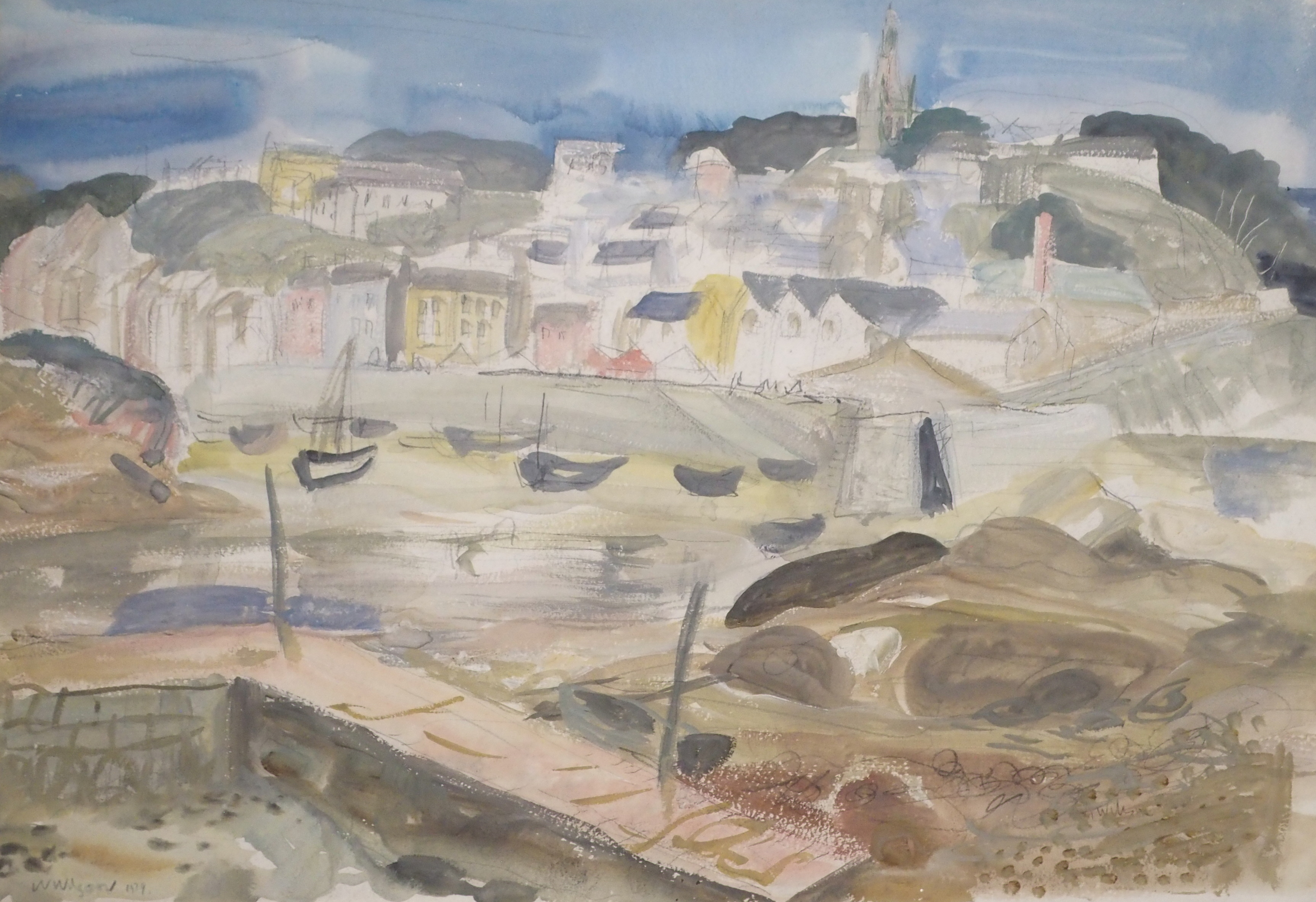 •WILLIAM WILSON OBE, RSA, RSW (SCOTTISH 1905-1972) THE HARBOUR Watercolour with gouache, signed - Image 3 of 5