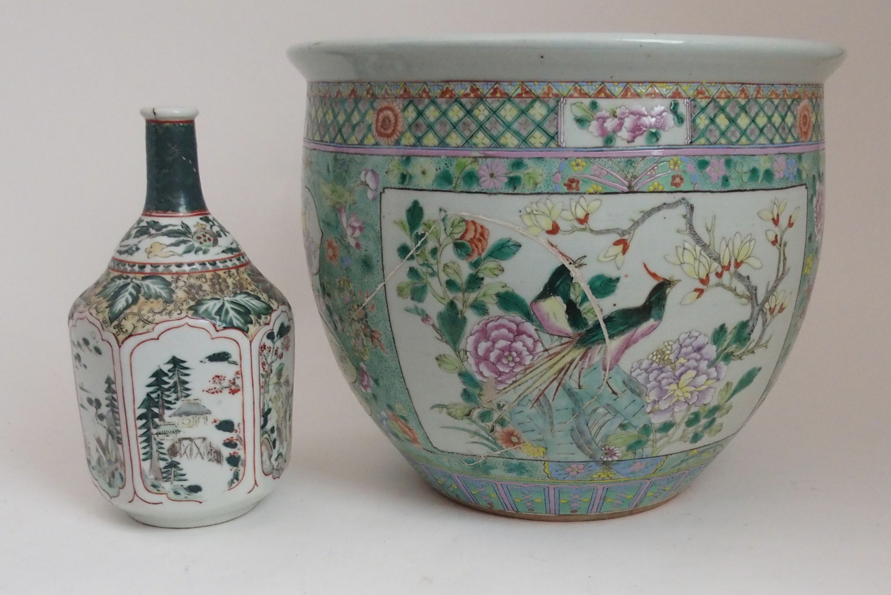 A CHINESE FAMILLE VERTE FISH BOWL painted with panels of birds amongst foliage and rockwork, - Image 3 of 15