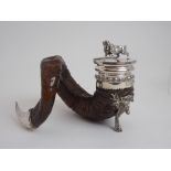 A RAM'S HORN AND SILVER PLATE MOUNTED CENTREPIECE SNUFF MULL by Walker and Hall, The hinged cover
