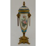A SEVRES STYLE GARNITURE URN painted with a maiden holding a tambourine with a putti at her side,