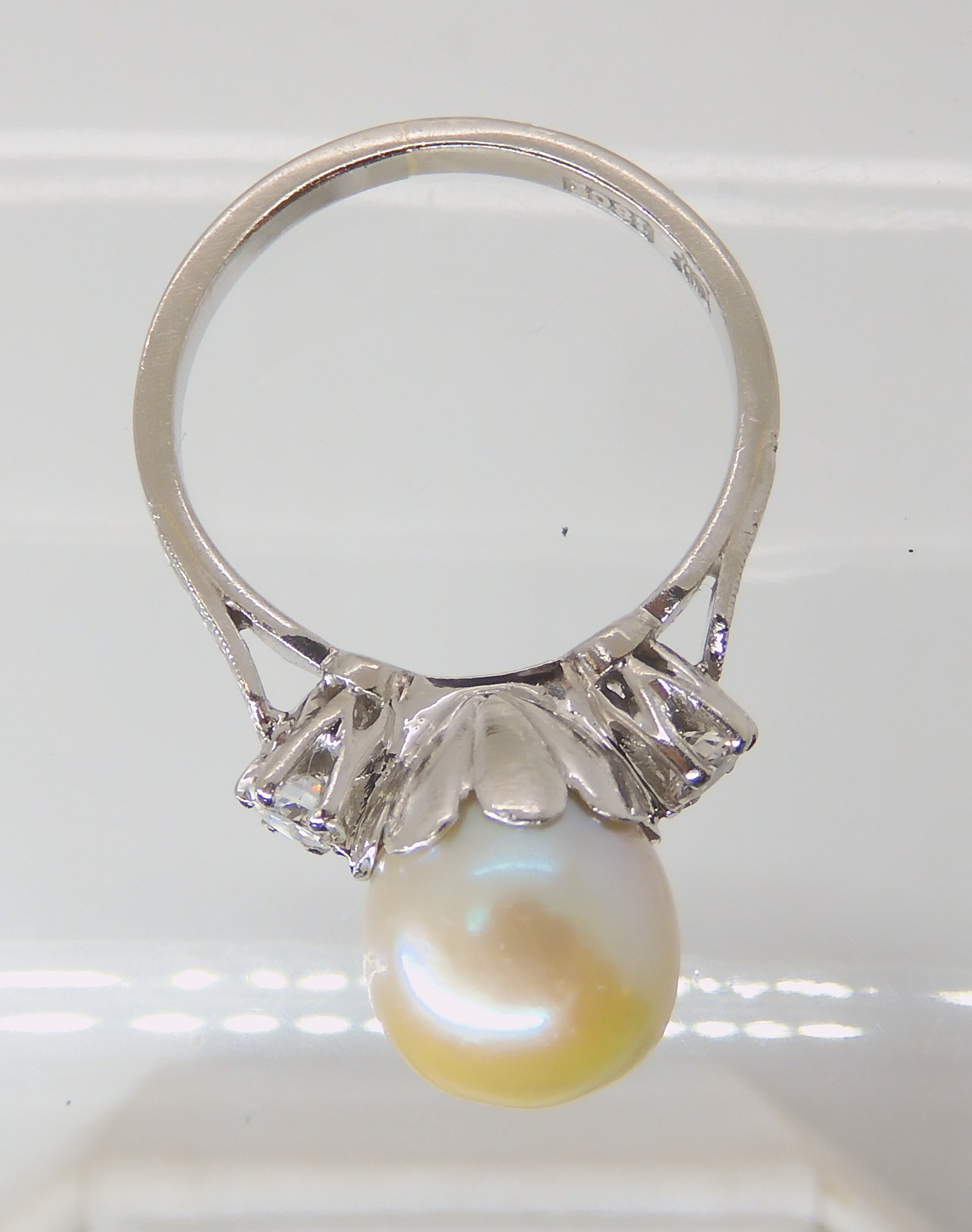 AN 18CT WHITE GOLD PEARL AND DIAMOND RING with wreath engraved shoulders, pearl approx 9mm in - Image 2 of 5