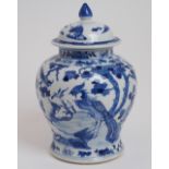 A CHINESE BLUE AND WHITE JAR AND COVER painted with scholars above peacocks and other birds