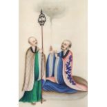 A CHINESE EXPORT RICE PAPER PAINTING the watercolour depicting two mystics, 29 x 18cm, figures in
