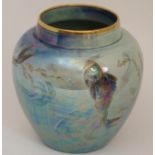 A WALTER SLATER FOR SHELLEY VASE the iridescent pale blue ground decorated with blue fish,