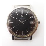 A GENTS OMEGA AUTOMATIC WATCH HEAD with black dial, and stainless steel body. Diameter of the case