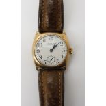 A 9CT GOLD GENTS LONGINES WATCH with cream dial, black Arabic numerals and blued steel hands,