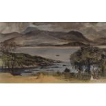 TOM H SHANKS RSW, RGI, PAI (SCOTTISH 1921-2020) LOCH AND HILLS Ink and watercolour, signed and