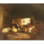 BRITISH SCHOOL (19TH CENTURY) SHEEP AND CATTLE IN A BARN Oil on canvas, 50.5 x 61cm (19 3/4 x 24")