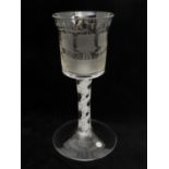 A 20TH CENTURY 'PRIVATEER' ENGRAVED WINE GLASS with cotton twist stem, The bowl is etched with '