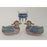 A PAIR OF CANTON ENAMEL MANDARIN DUCK TUREENS each painted with bright colours and with brass