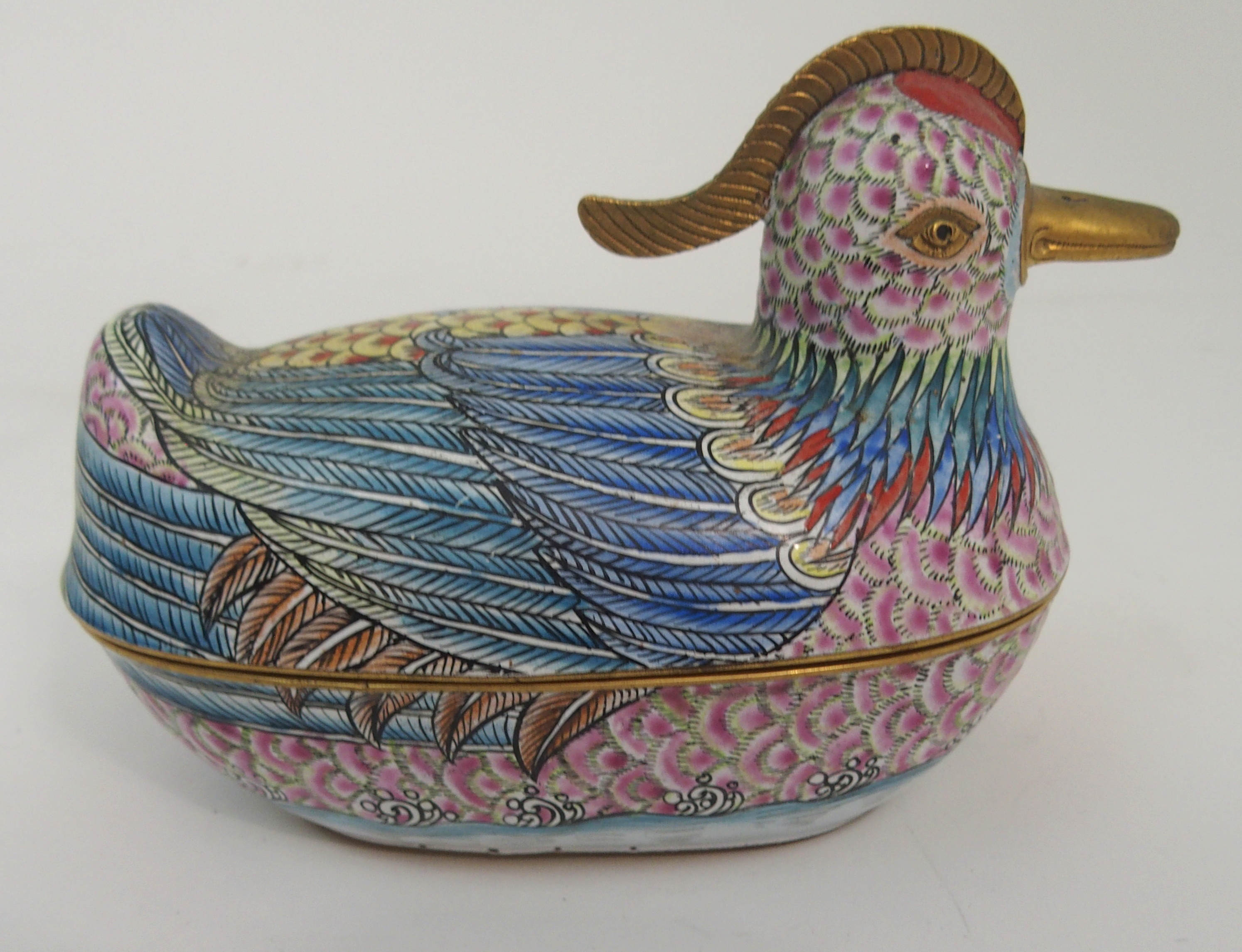A PAIR OF CANTON ENAMEL MANDARIN DUCK TUREENS each painted with bright colours and with brass - Image 7 of 12