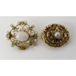 TWO VINTAGE BROOCHES a yellow metal filigree example set with a white opal, demantoid garnets and