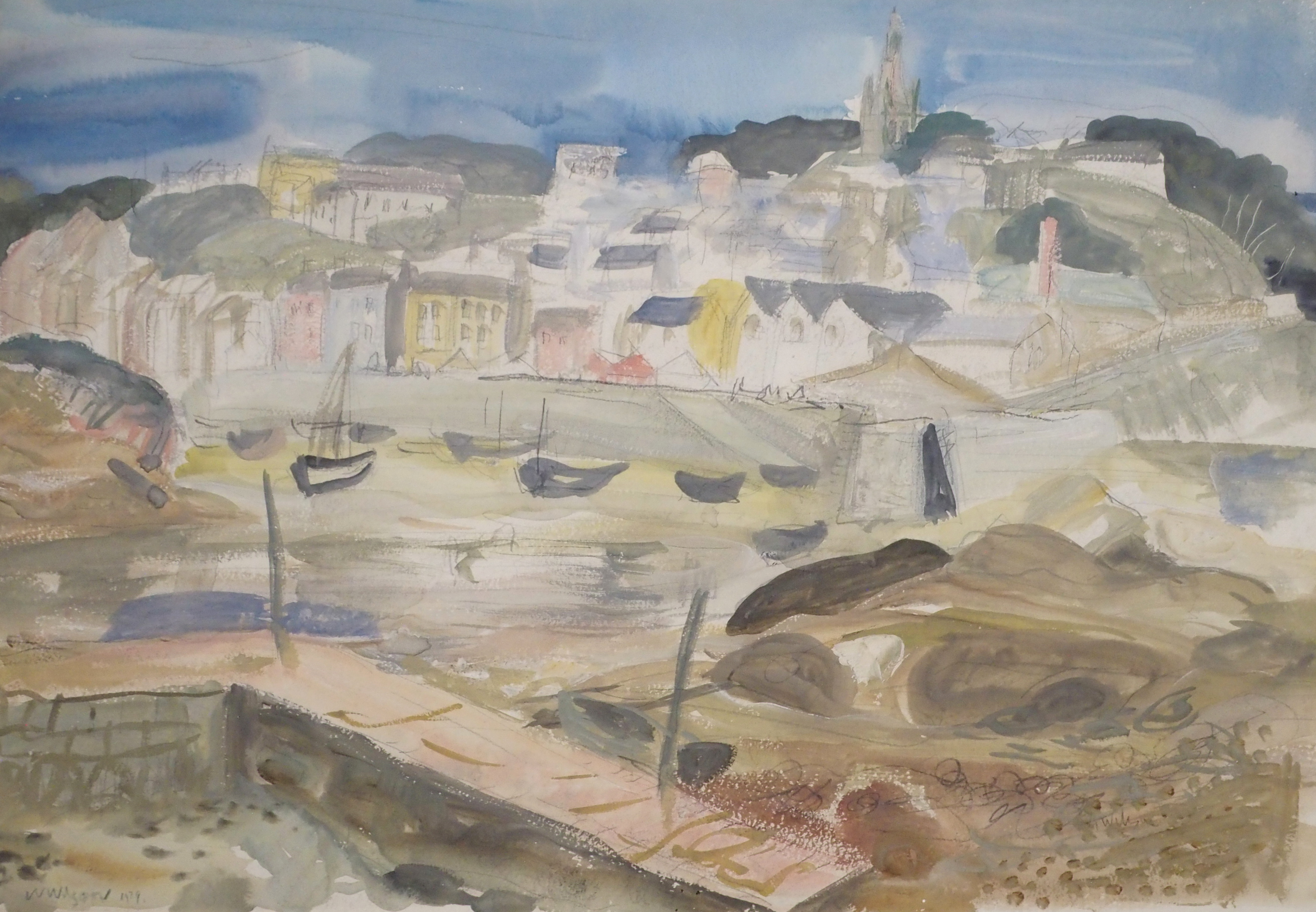 •WILLIAM WILSON OBE, RSA, RSW (SCOTTISH 1905-1972) THE HARBOUR Watercolour with gouache, signed