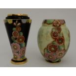 A CARLTON WARE HOLLYHOCKS 1930'S ART DECO VASE pattern number 3820, the black ground with