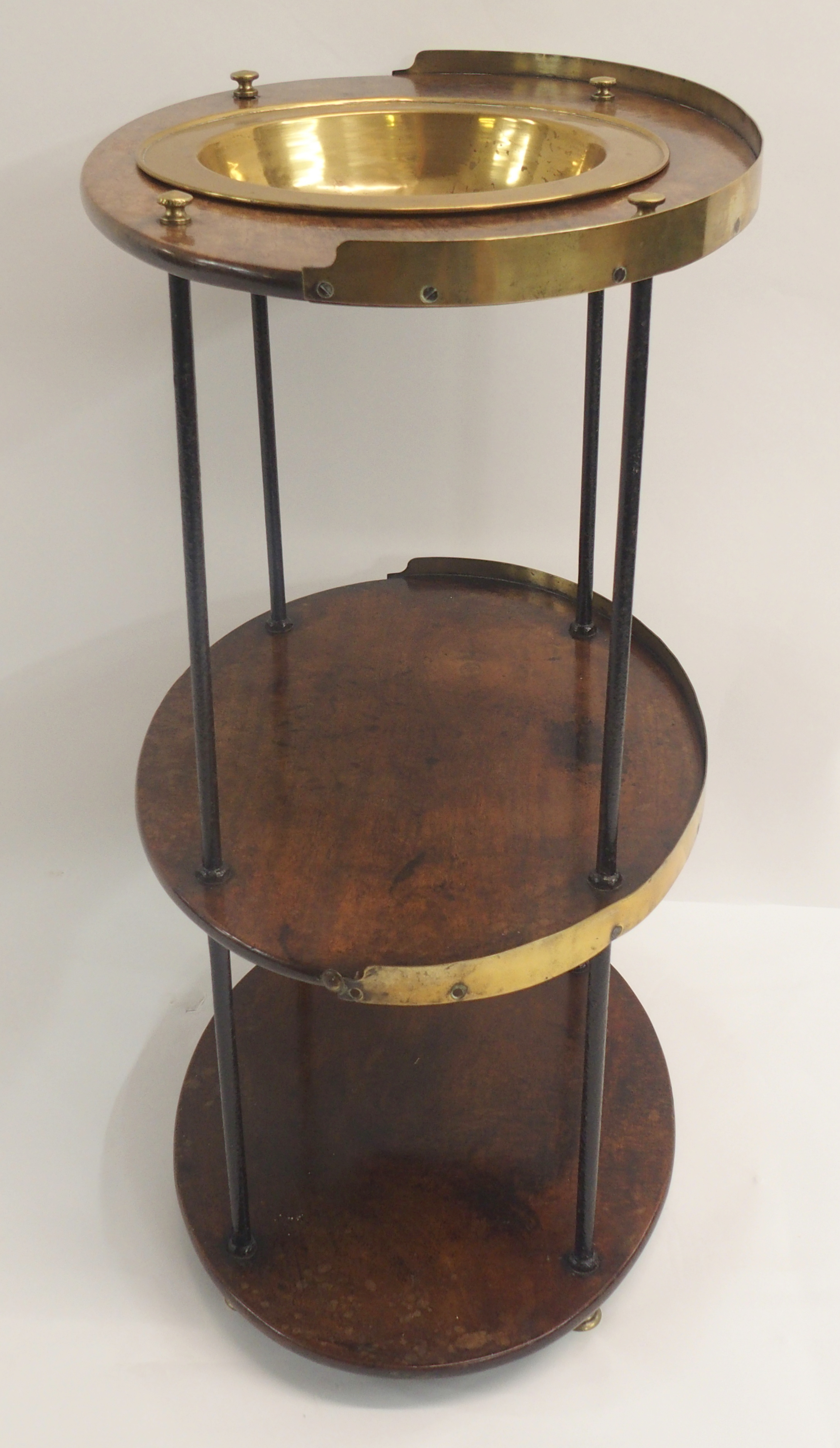 A 19TH CENTURY BRITISH MILITARY OFFICERS CAMPAIGN WASH STAND the three-tiered teak and brass mounted - Image 2 of 11