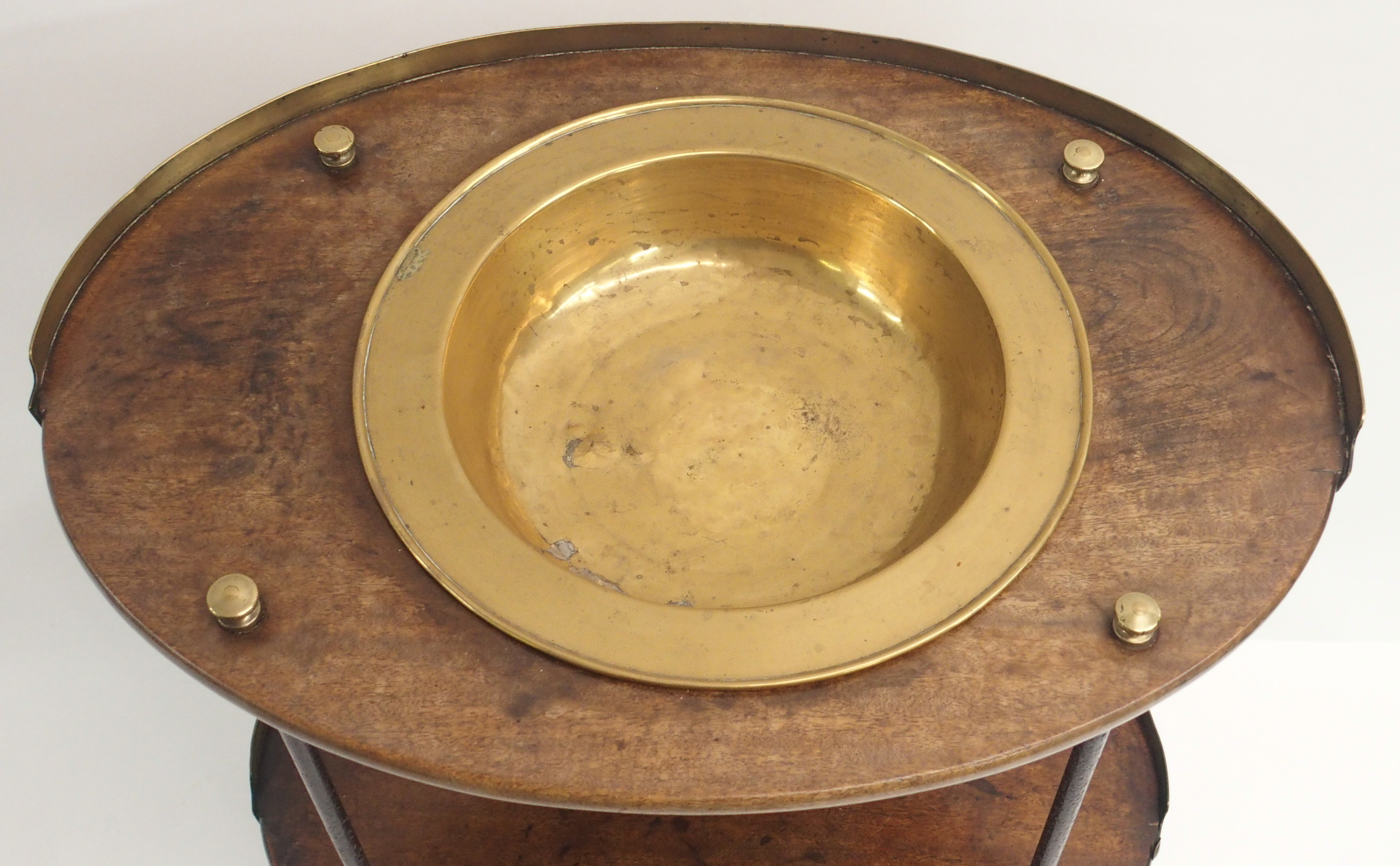 A 19TH CENTURY BRITISH MILITARY OFFICERS CAMPAIGN WASH STAND the three-tiered teak and brass mounted - Image 5 of 11
