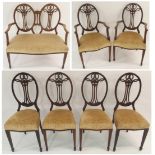 A LATE VICTORIAN PARLOUR SUITE with a two seater love seat and six chairs with pierced swag and