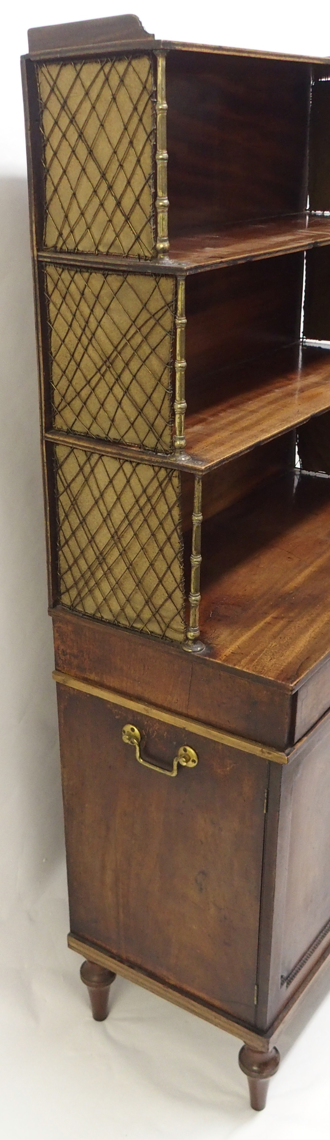 A REGENCY MAHOGANY CAMPAIGN SECRETAIRE BOOKCASE the tiered open shelves joined by brass baluster - Image 5 of 11