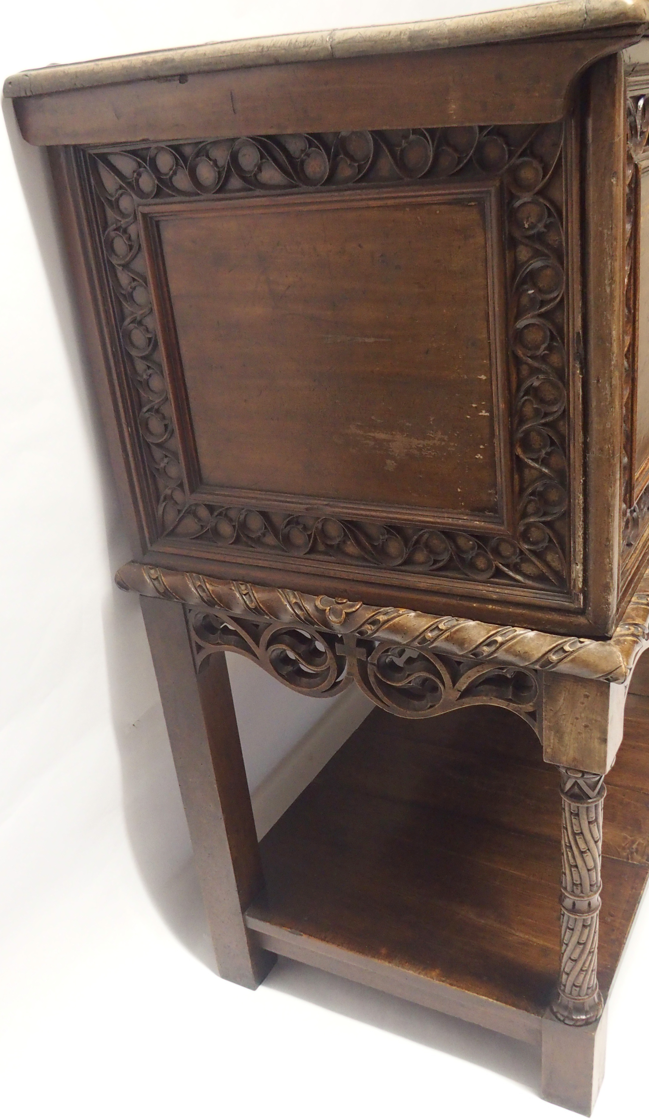 A FRENCH WALNUT LIVERY CUPBOARD the hinged top enclosing a deep and shallow recess, the front carved - Image 8 of 11