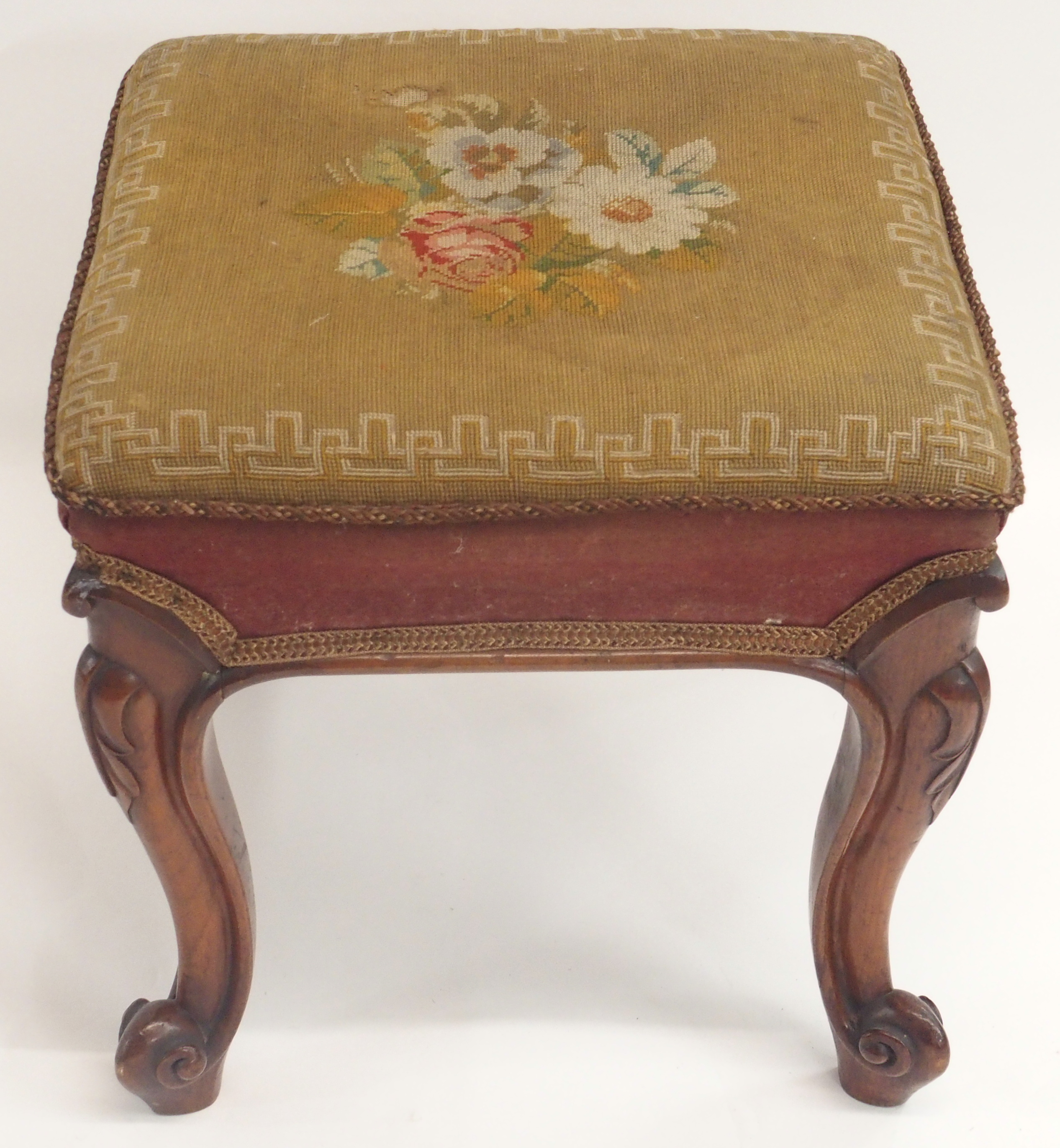 A MID 19TH CENTURY GILTWOOD AND GESSO FOOT STOOL the beadwork cover on a gilt scroll frame, 35cm - Image 4 of 13