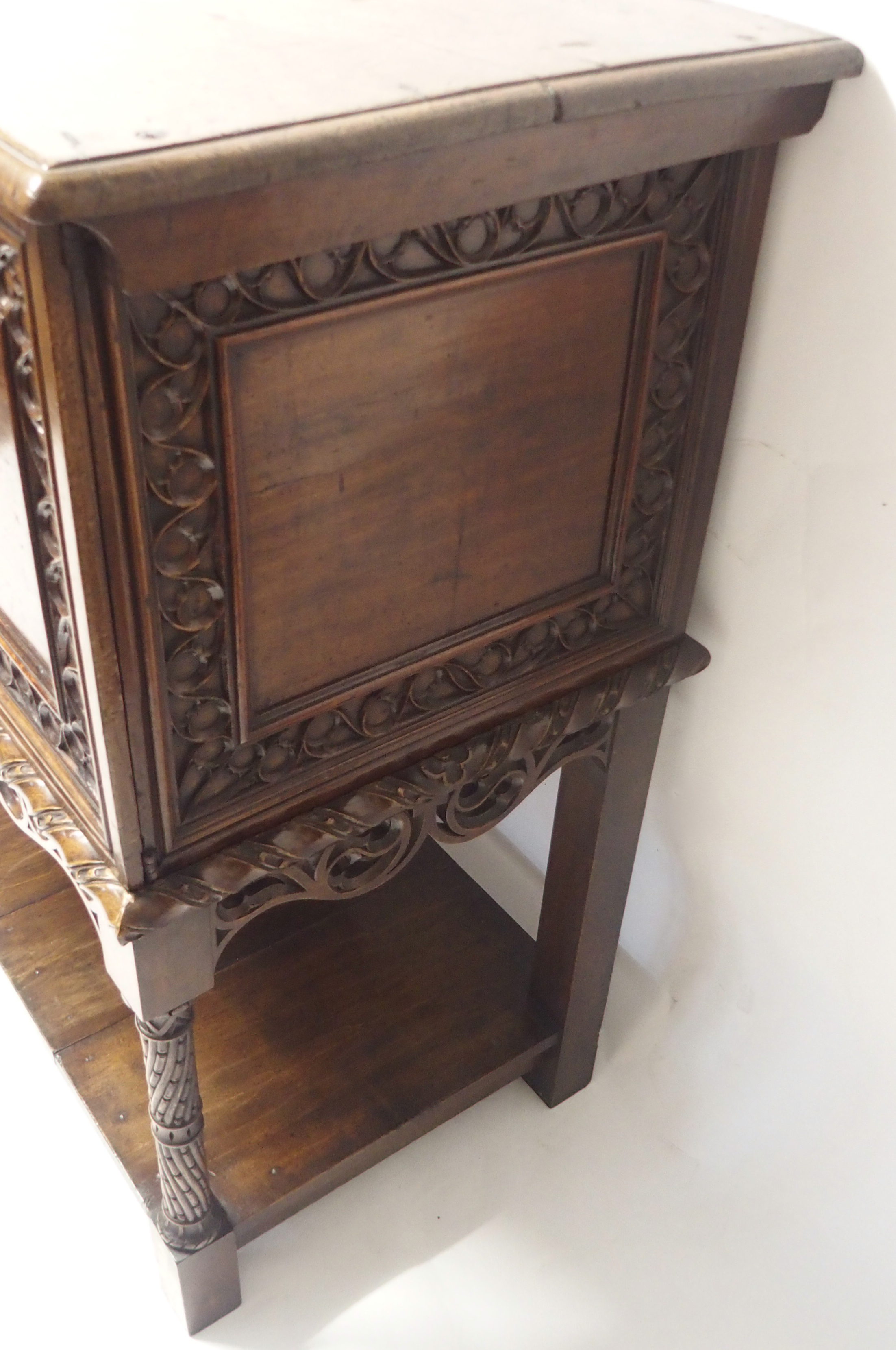 A FRENCH WALNUT LIVERY CUPBOARD the hinged top enclosing a deep and shallow recess, the front carved - Image 9 of 11