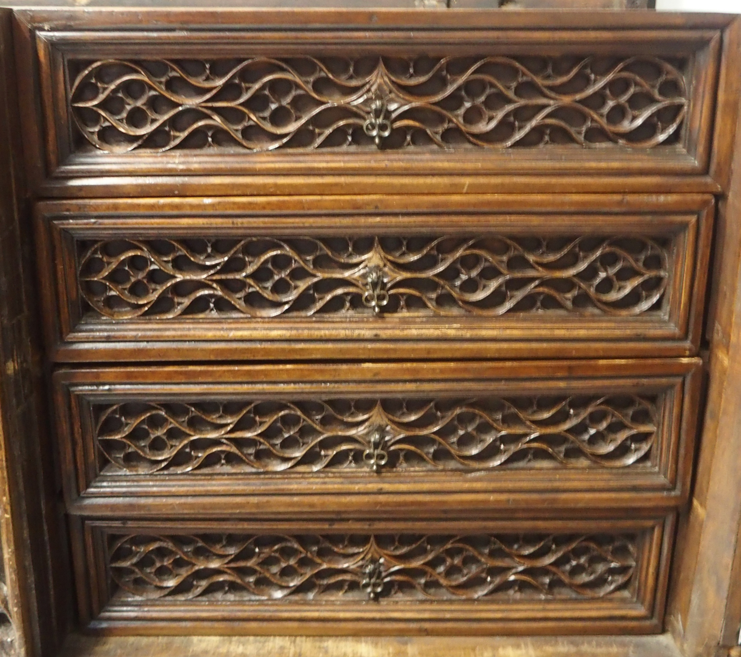 A FRENCH WALNUT LIVERY CUPBOARD the hinged top enclosing a deep and shallow recess, the front carved - Image 5 of 11