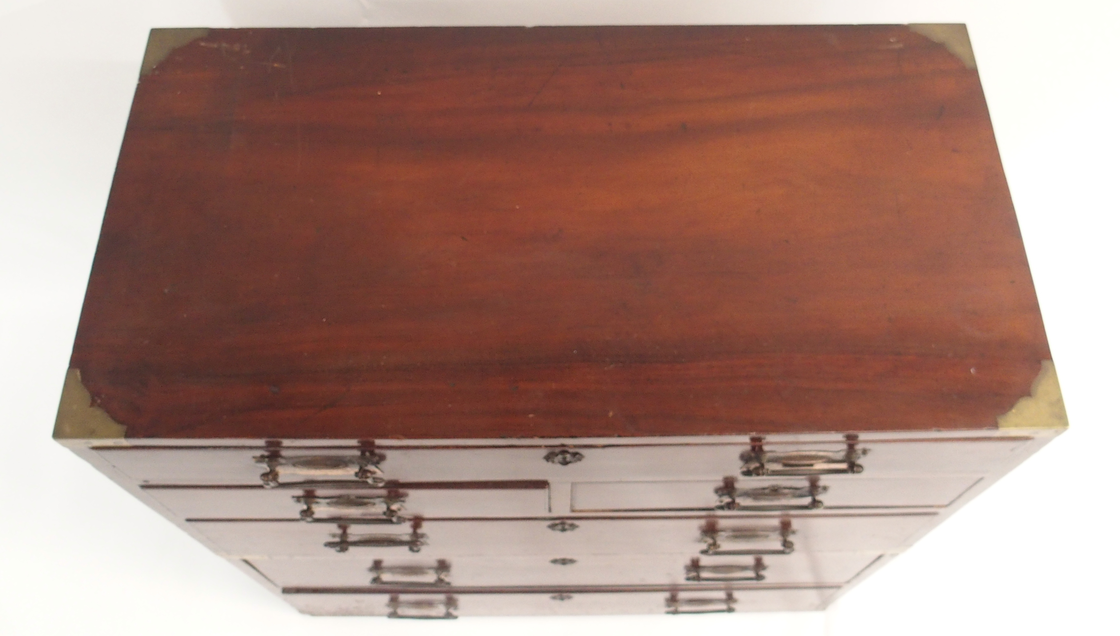 A TWO SECTION MAHOGANY SECRETAIRE CAMPAIGN CHEST The upper fitted drawer over two drawers and a full - Image 2 of 17