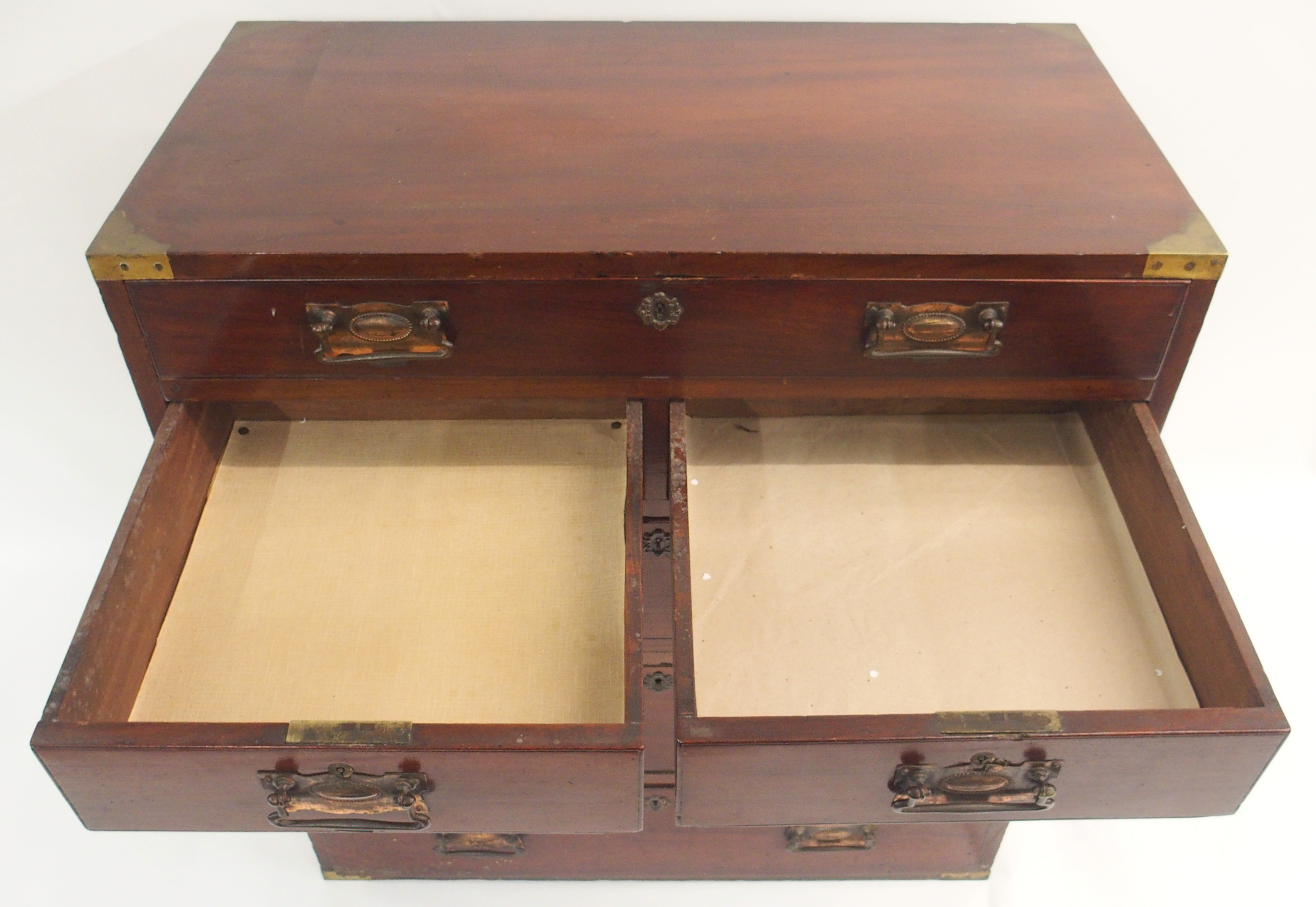 A TWO SECTION MAHOGANY SECRETAIRE CAMPAIGN CHEST The upper fitted drawer over two drawers and a full - Image 7 of 17