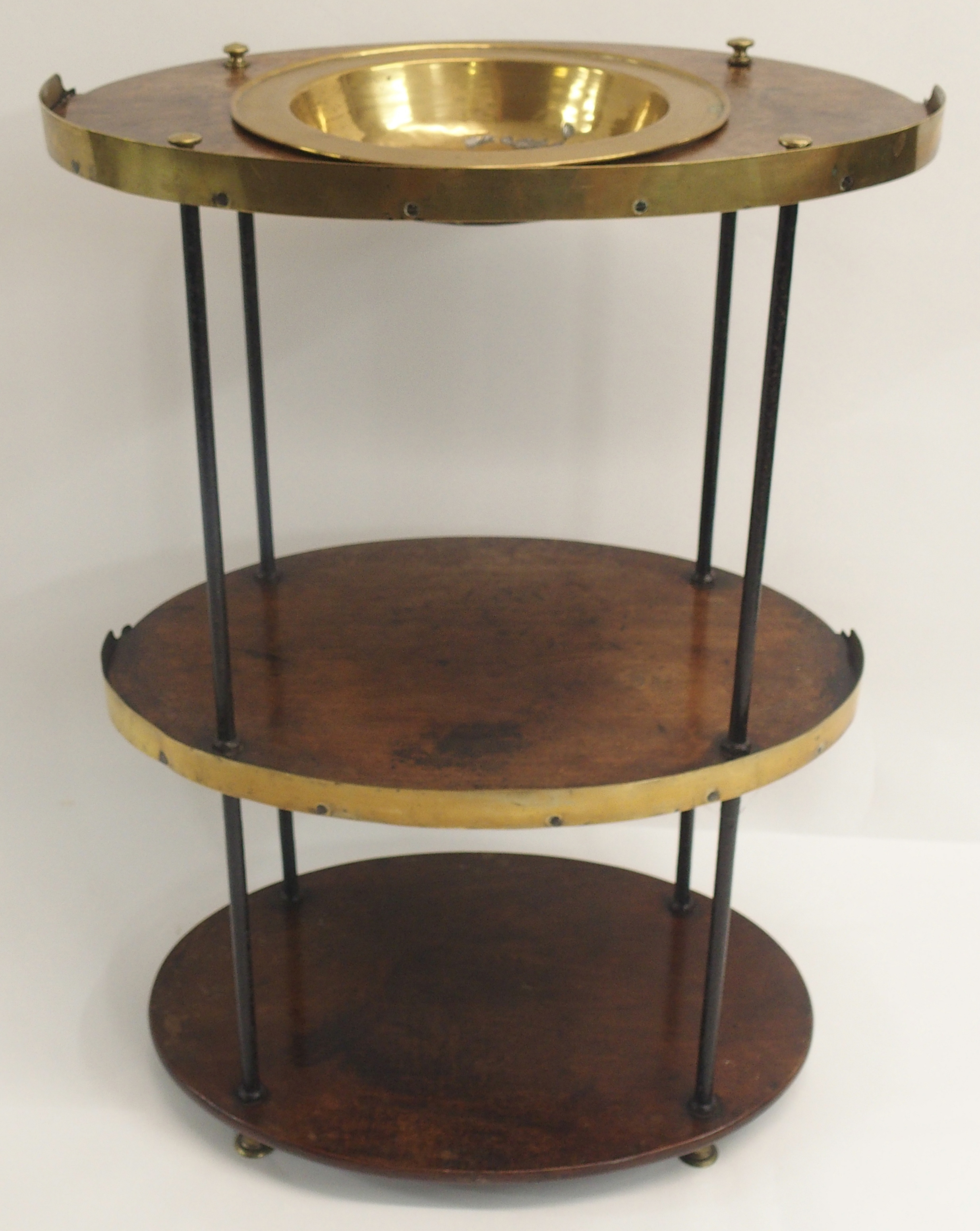 A 19TH CENTURY BRITISH MILITARY OFFICERS CAMPAIGN WASH STAND the three-tiered teak and brass mounted - Image 3 of 11