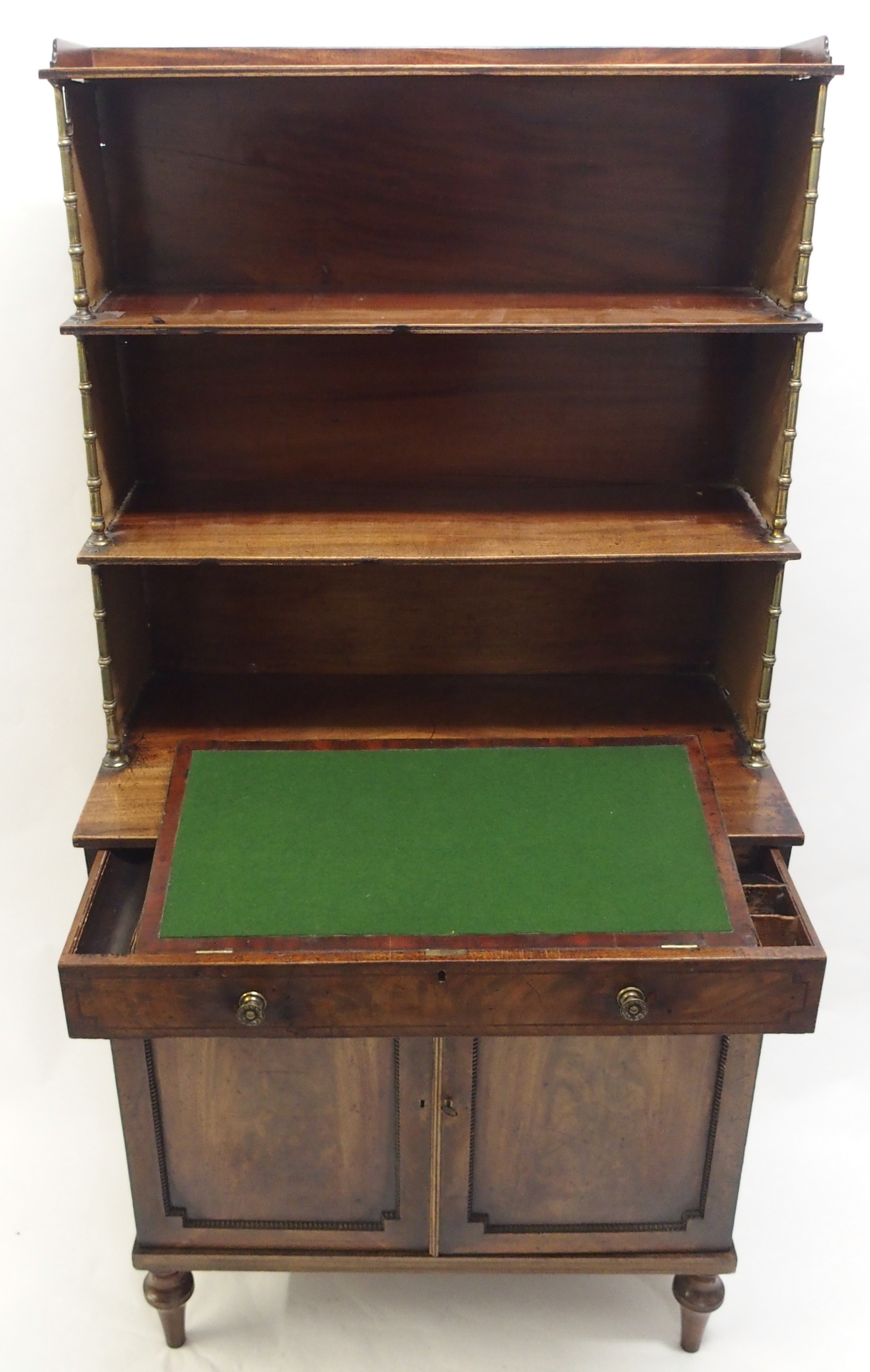 A REGENCY MAHOGANY CAMPAIGN SECRETAIRE BOOKCASE the tiered open shelves joined by brass baluster - Image 6 of 11