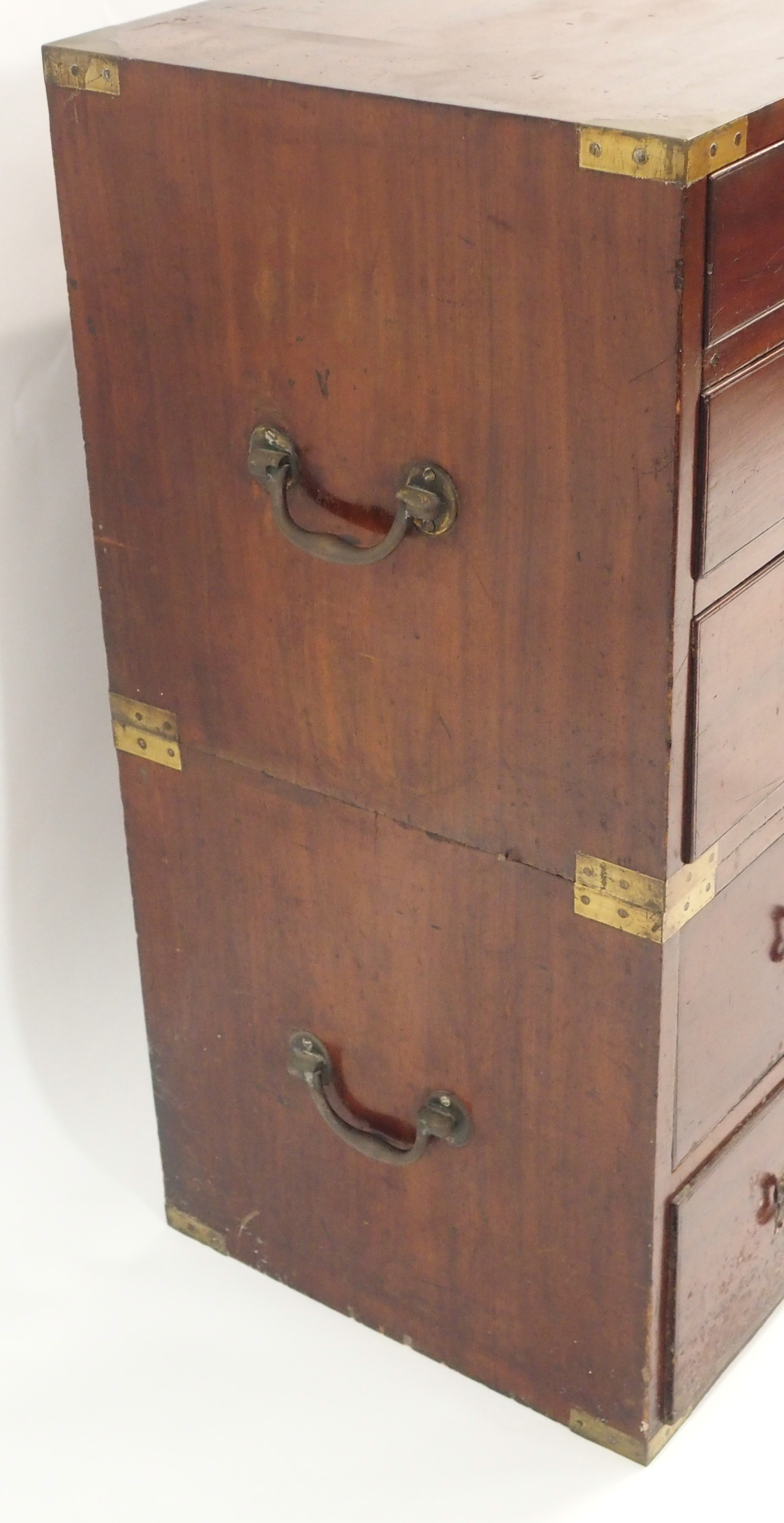 A TWO SECTION MAHOGANY SECRETAIRE CAMPAIGN CHEST The upper fitted drawer over two drawers and a full - Image 3 of 17