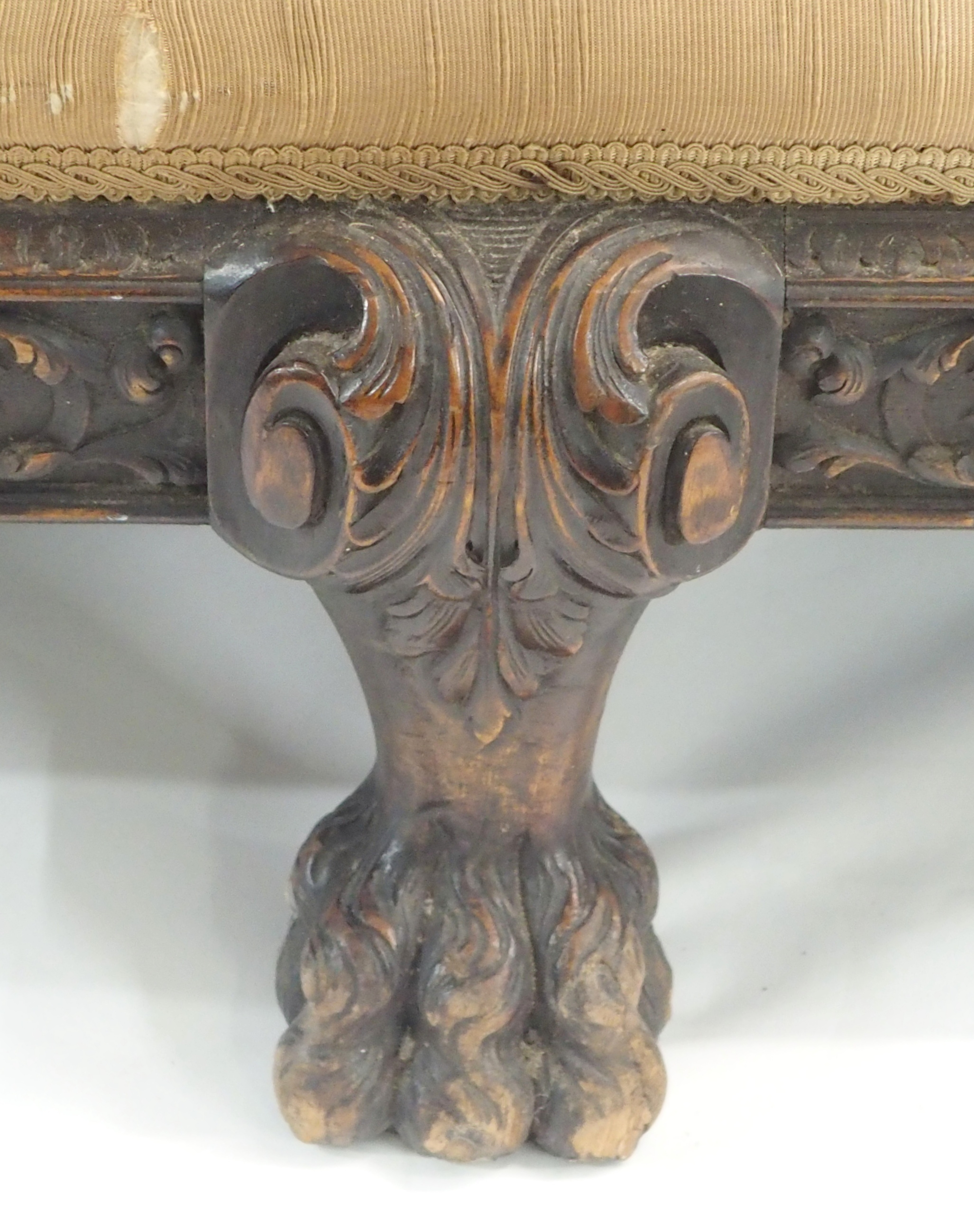 A WALNUT AND CANE FRAMED DAY BED the silk upholstered seat flanked by carved Mer figures on acanthus - Image 9 of 14
