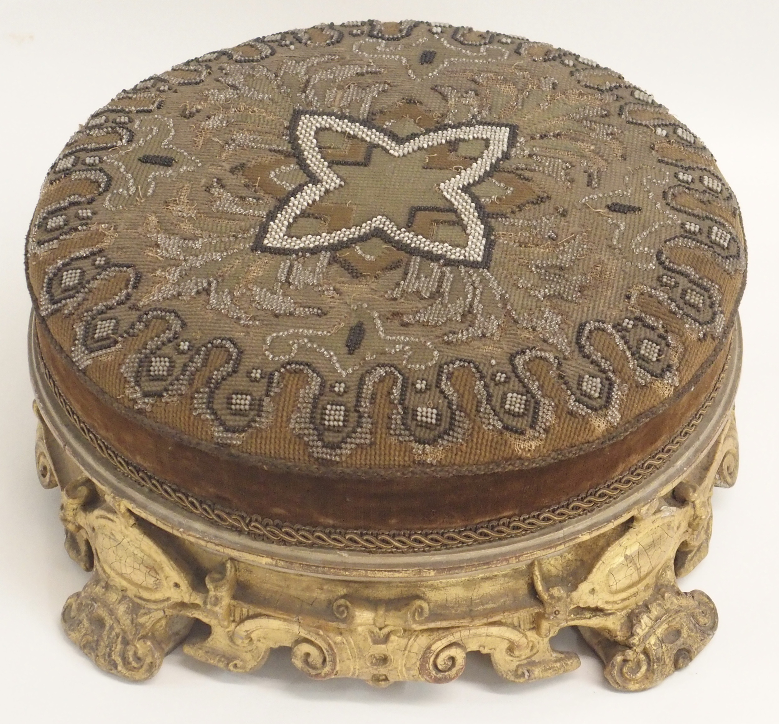 A MID 19TH CENTURY GILTWOOD AND GESSO FOOT STOOL the beadwork cover on a gilt scroll frame, 35cm - Image 3 of 13