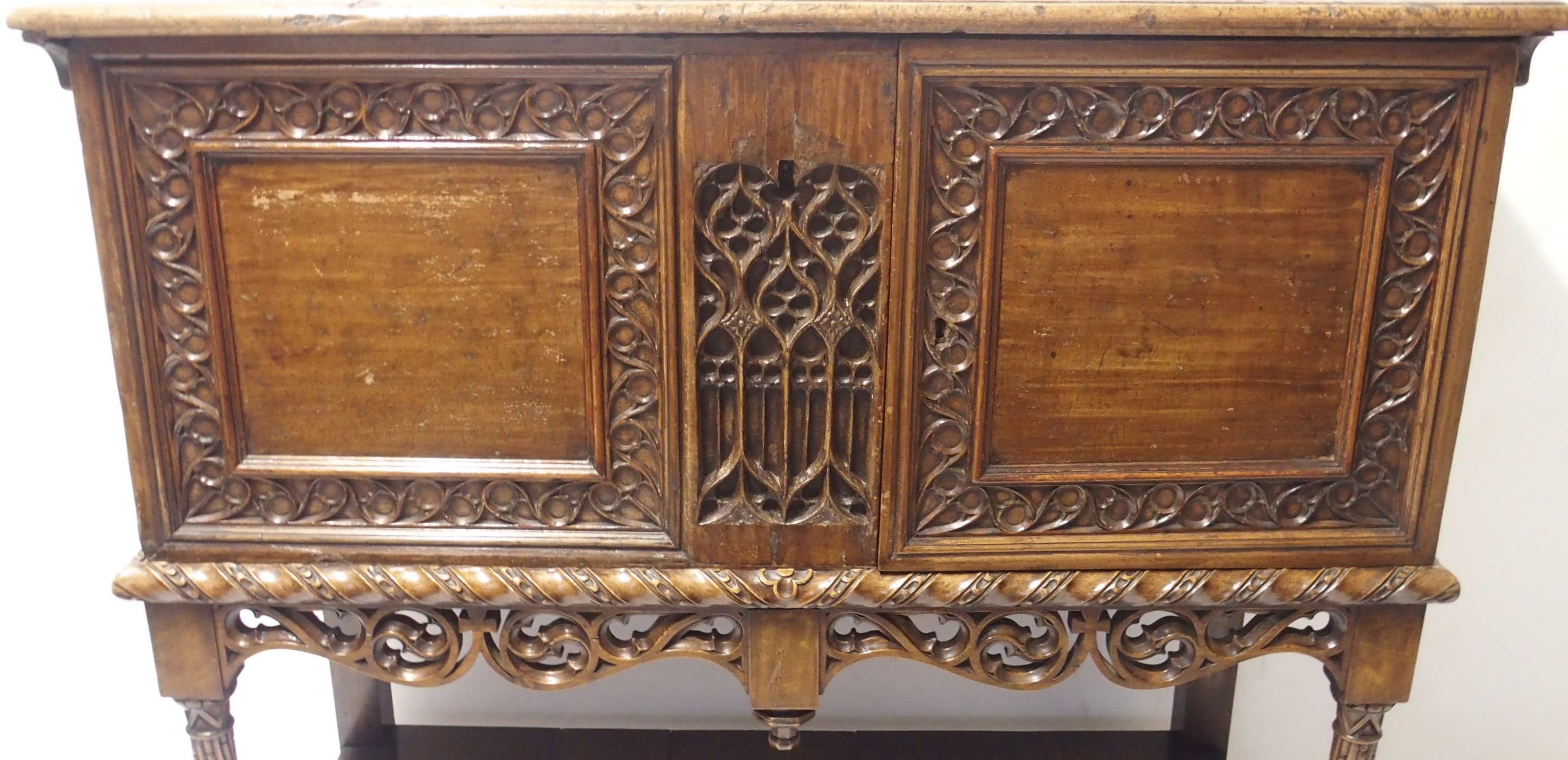 A FRENCH WALNUT LIVERY CUPBOARD the hinged top enclosing a deep and shallow recess, the front carved - Image 2 of 11