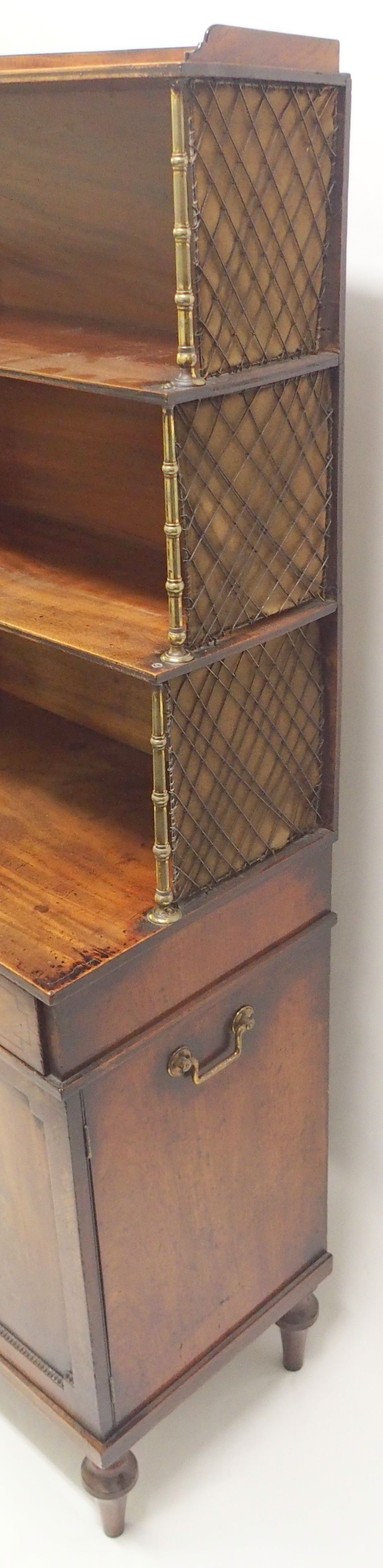 A REGENCY MAHOGANY CAMPAIGN SECRETAIRE BOOKCASE the tiered open shelves joined by brass baluster - Image 4 of 11