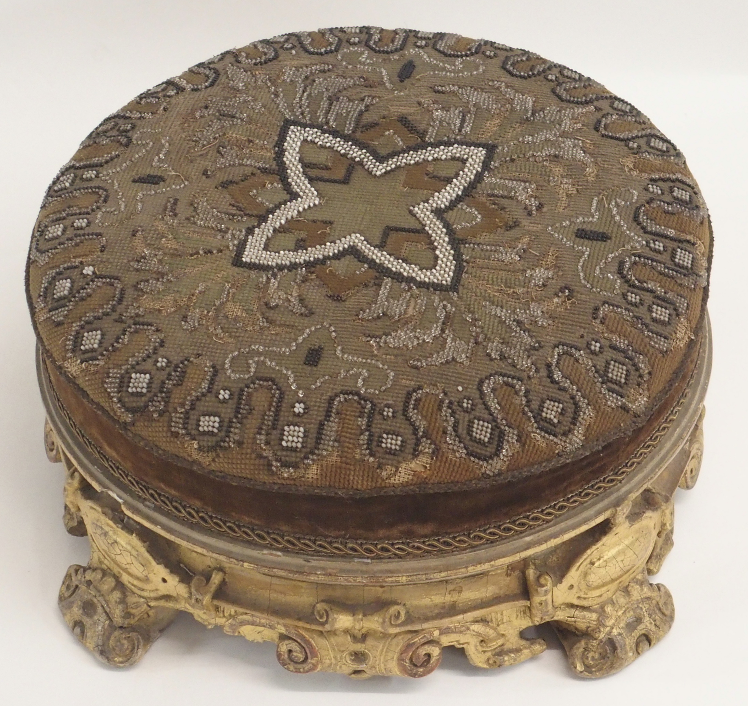 A MID 19TH CENTURY GILTWOOD AND GESSO FOOT STOOL the beadwork cover on a gilt scroll frame, 35cm - Image 10 of 13